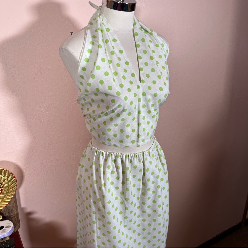 Vintage 60 70 Mod MCM Polka Dot Coquette Girl Cropped Top Maxi Skirt Set Dress - Picture 15 of 17